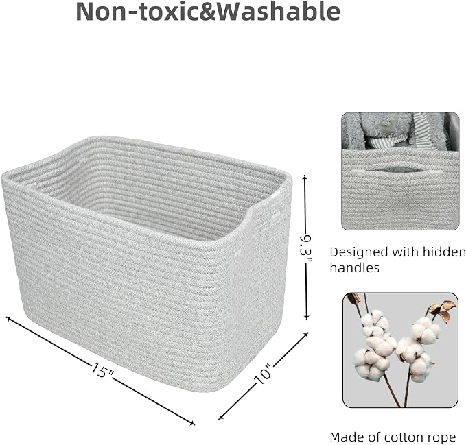 Cotton Rope storage Basket Bins Woven Basket for Organizing Shelves 15X10X9.3“ Rectangle Decorative Baskets For storage Clothes Toys Books Towels Square Wicker Nursery basket organizer 3 pack grey