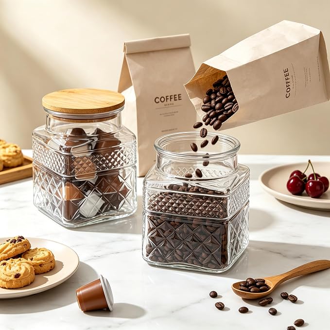 Prettidecor Glass Storage Jars, 38 FL OZ Airtight Canisters with Bamboo Lid, Decorative Kitchen Containers for Cereal, Nuts, Snacks, Candy, Cookies, Coffee, Tea