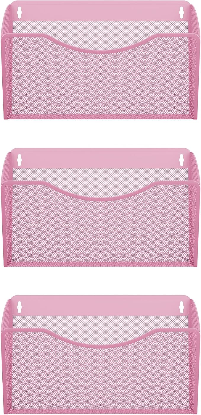 EasyPAG Wall File Organizer, Metal Mesh Hanging File Folder Holder for Letter/A4 Size Folders, Vertical Wall Mount Mail Sorter for Office Paperwork, Classroom, Pink