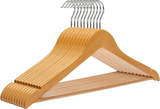 Wooden Hangers 10 Pack, Non-Slip Wood Hangers with 360° Swivel Hook & Notches, Solid & Slim Coat Hangers for Shirt, Suit, Jacket, Dress, Natural-HL01N