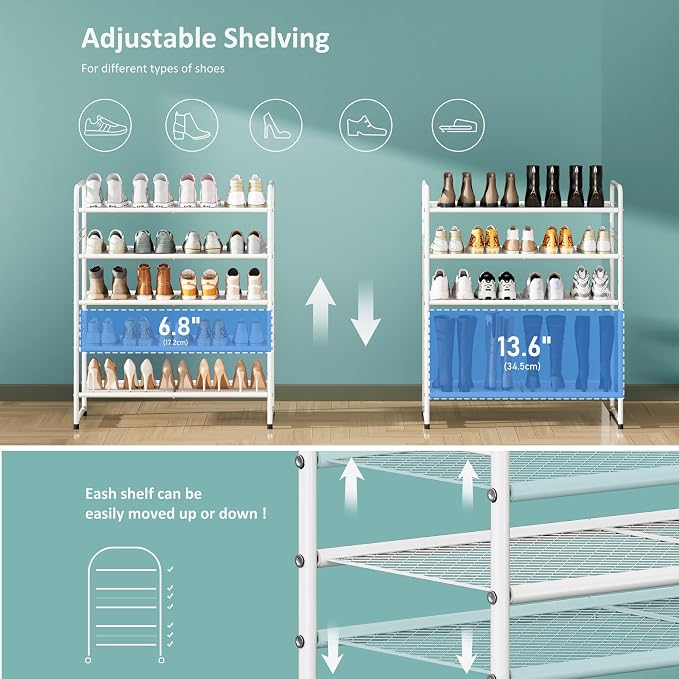 SUFAUY 5-Tier Mesh Shoe Rack, Closet Metal 33" Wide Shoe Shelf Heavy Duty, White