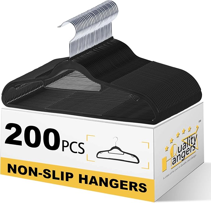 Quality Clothes Set 200 Pack - Non-Velvet Plastic for Clothes - Heavy Duty Coat Set - Space-Saving Closet with Black Swivel Hooks - Functional Non-Flocked