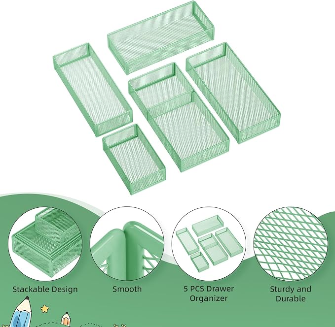 Marbrasse 5 Pack Desk Drawer Organizer Set, Mesh Drawer Storage Trays with 1 Adjustable Divider, Desk Organizers and Accessories, 5 PCS Drawer for Office Supplies, Makeup & Vanity (Green)