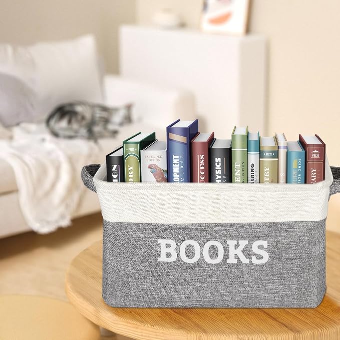 Lukeline Book Storage Baskets for Organizing, 15.5 x 11.6 x 9.4 Storage Basket for Books Cookbook and Recipe, Collapsible Storage Bin, Decorative Baskets for Home, Shelves, Classroom (BOOKS)