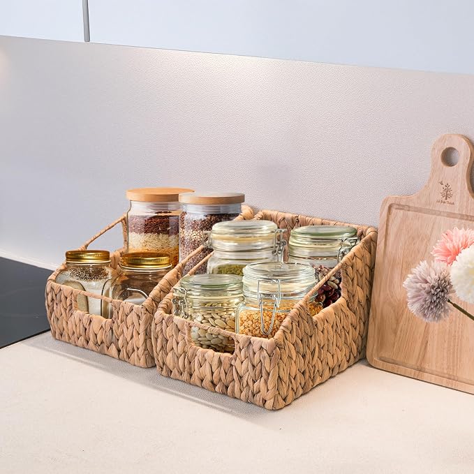 KOKODO 2-Pack Open Front Pantry Baskets, Handwoven Water Hyacinth Wicker Storage Baskets with Built-in Handles, Organizing Bins for Shelves
