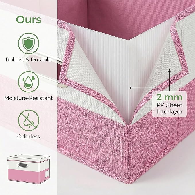 PRANDOM Storage Bins with Lids [3-Pack] Linen Fabric Foldable Storage Boxes Organizer Containers Baskets Cube with Cover for Bedroom Closet Office Pink&White（11.4X8.6X6.7