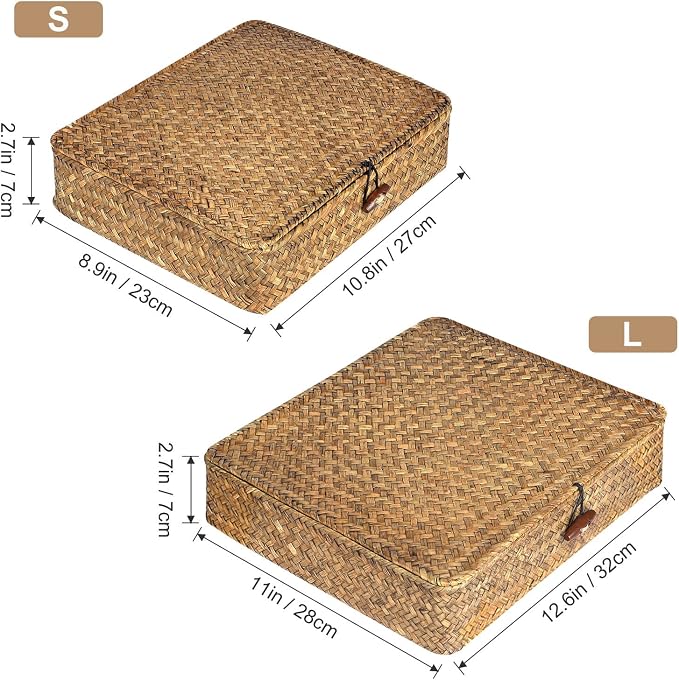 Set of 2 Flat Seagrass Storage Bins with Lid Wicker Storage Baskets for Organizing, Woven Shelf Organizer Bins Home Utility Organizer Box for Home & Office Supplies (Caramel)