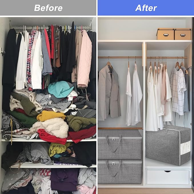 105L Extra Large Storage Bags, Folding Moving Comforter Blanket Storage Bags Closet Organizers and Storage Containers for Clothes with Strong Handles&Zippers Clear Window for Bedding Pillow Grey 4Pack