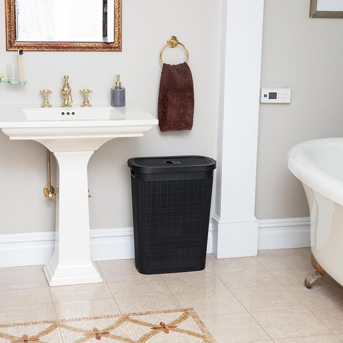 Mind Reader Slim Laundry Hamper with Lid, 40L Clothes Basket, Linen Design, Plastic, Black