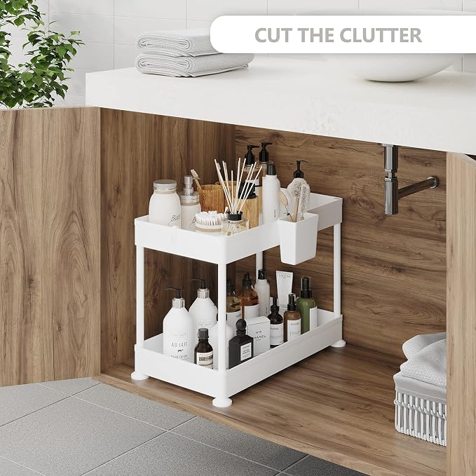 Under Sink Organizers and Storage | Bathroom Cabinet Organizer, Sink Shelf with Utility Hooks and Side Caddy for Under Cabinet Storage | White (1-Pack) Non Slip Grip Under Kitchen Sink Organizer