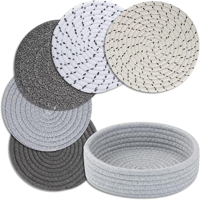 Trivets for Hot Dishes, Pots and Pans, Heat Resistant Hot Pads with Storage Basket, Pot Holders for Kitchen Countertop, Trivet Mats Home Essentials Farmhouse Decor (Grey 5 Pcs)