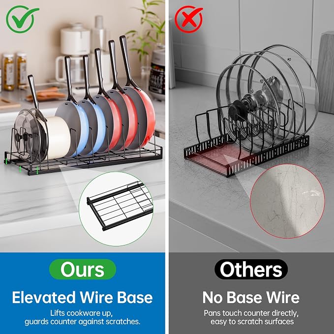 Expandable Food Container Lid Organizer, 9 Adjustable Dividers Sturdy Metal Pot and Pan Organizer Rack for Kitchen Cabinets, Drawers, Pantry Shelves, Countertops, Black, 8.15" Wide