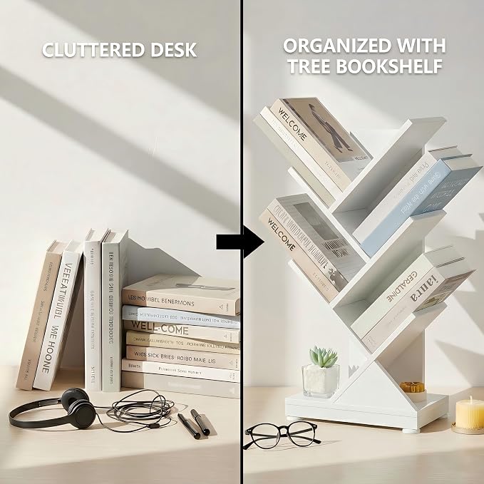ruboka 5 Tier Tree Bookshelf, Small Bookcase 11.8"*7.4"*24" (White) | Retro Narrow Bookshelves for CDs/Magazines, Book Shelf for Bedroom, Living Room, Office, Balcony, Study Room