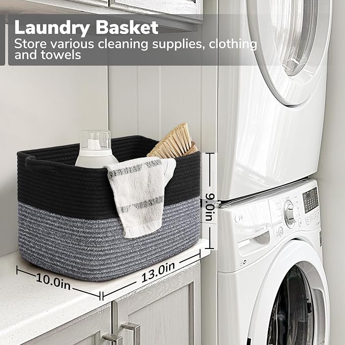 Goodpick Woven Storage Baskets for Organizing, Cotton Rope Organizer for Living Room, Closet Storage Bins for Toys Books, Rectangle Laundry Basket with Handles, 13"x10"x9", Black & Gray