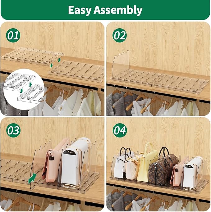 SPACEKEEPER Adjustable Shelf Divider for Closet, 2 Pack Clear Purse Organizers for Closet Acrylic Handbag Separators Storage Organizer Bookshelf Separator Dividers in Bedroom, Office