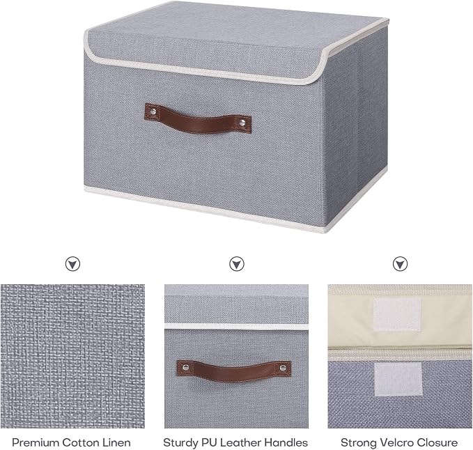 ANMINY 2PCS Storage Bin with Lid Storage Boxes with PU Leather Handles PP Plastic Board Decorative Foldable Lidded Cotton Linen Fabric Home Cubes Baskets Closet Organizer Container - Gray, Medium