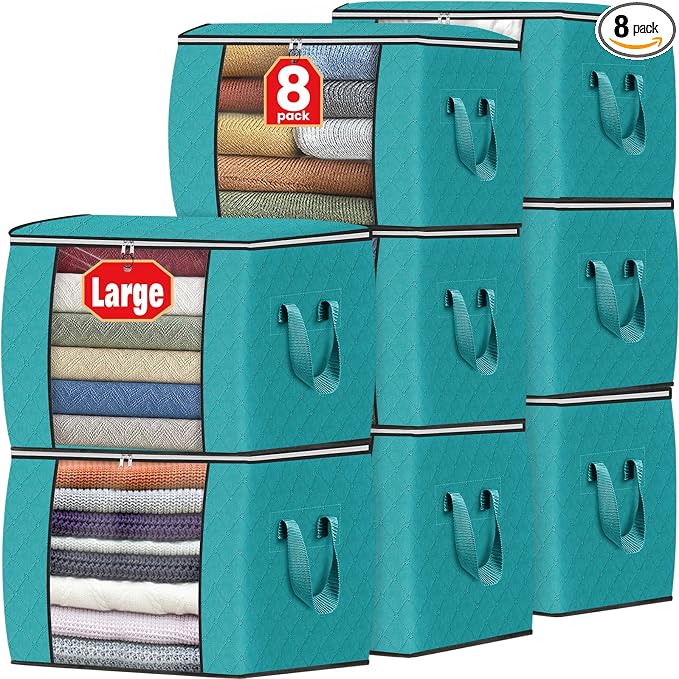 Fab totes 24 Gallons Clothes Storage, Foldable Thick Fabric Blanket Storage Bags, Containers for Organizing Bedroom, Closet, Clothing, Comforter, Organization with Handle (8 Pack,Green)
