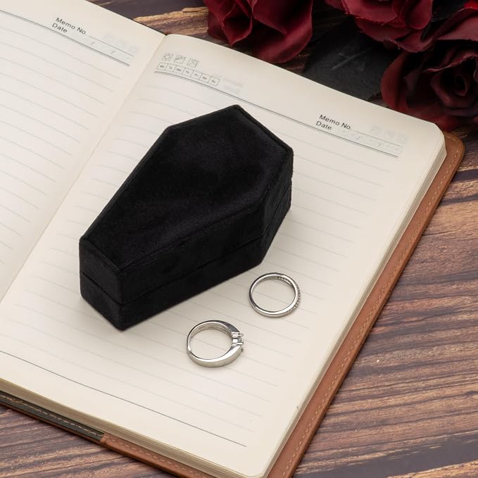 Velvet Coffin Ring Box Case Holder for Gothic Wedding Ceremony,Gothic Jewelry Organizer Decorations (Black and Red)