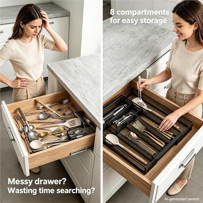 Sedegn Silverware Organizer Metal Mesh, Large Drawer Organizer, Utensil Cutlery Tray for kitchen drawers, Expandable Flatware Organizer with 8 Compartment Black 11.6"~20" x 17.3"