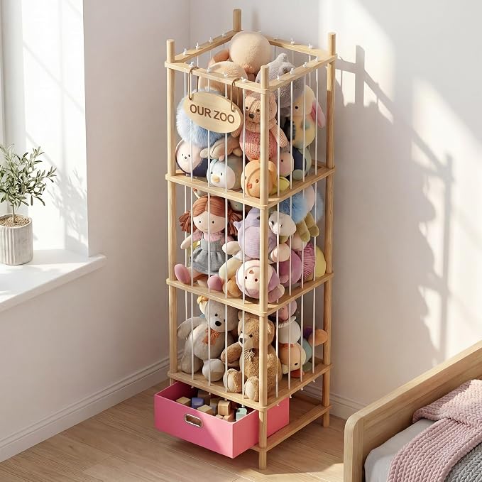 Brelley Stuffed Animal Storage Zoo Wood Toy Storage Organizer with Drawer, Large Toy Chest Stuffed animal holder for Kids Nursery Playroom Bedroom