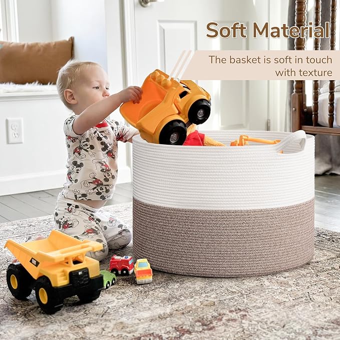 INDRESSME 115L Extra Large Blanket Basket, Soft Cotton Rope Storage Basket for Organizing, Home Decor, Toys, Laundry & Towels, Toy Storage Organizer for Living Room & Nursery, White & Brown