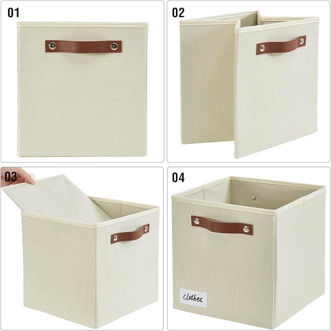 Bagnizer Collapsible Fabric Storage Cube Bins with 2 Reinforced PU Handles, Foldable Storage Organizer Baskets for Closet, Shelves, Living Room | 11"x11"x11", 4 Pack, Full Beige