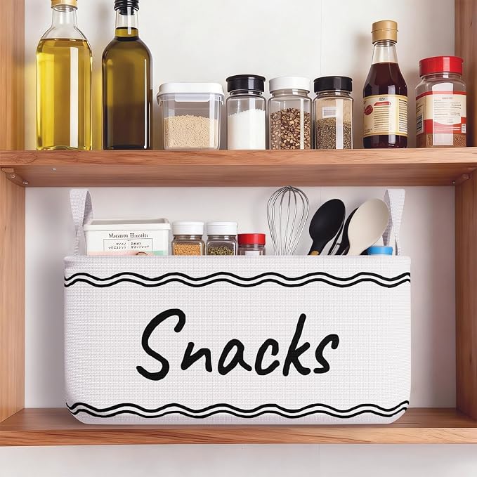 Snack Basket for Pantry & 5 Seal Clips - Snack Bin Organizer for Countertop - Imitation Linen Snack Storage Containers for Storing Chips, Pretzels, Cookies, Popcorn and more (1, White)