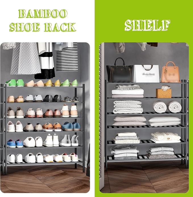 BMOSU 6-Tier Bamboo Extended Shoe Rack Premium Stackable Shoe Shelf Storage Organizer for Hallway Closet Living Room Entryway Organizer (Black Bamboo)