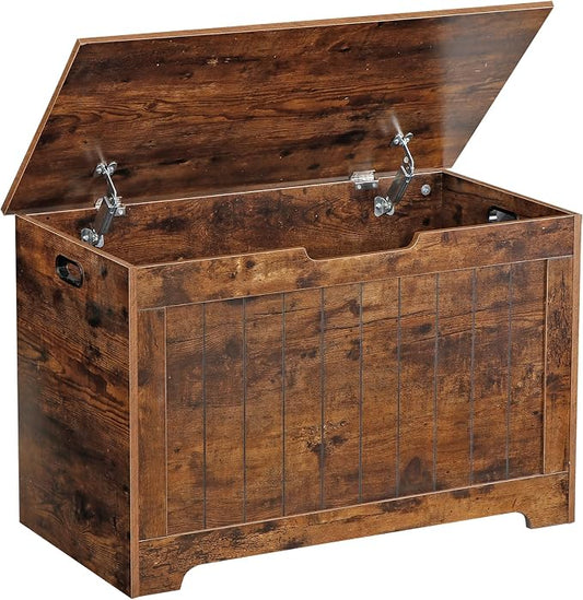 LEMY Storage Chest Bench, Wooden Trunk Box with 2 Safety Hinges, Modern Organizer Cabinet for Living Room, Bedroom, Entryway, Rustic Brown