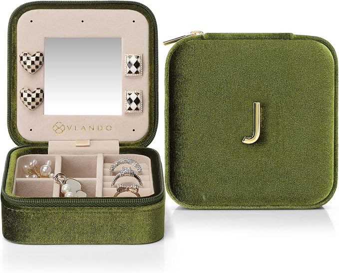 VLANDO Plush Velvet Travel Jewelry Case, Personalized Initial Jewelry Boxes for Women Girls, Mini Jewelry Travel Organizer Travel Essentials for Birthday Gifts - Letter J, Green