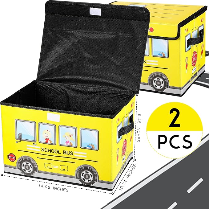 Sweetude 2 Pcs School Bus Treasure Box for Classroom, Foldable Chest Storage Toy Box Chest with Lid Treasure Storage Organizer Bin for Kids Teachers Toy Prizes Awards for Students(Yellow)