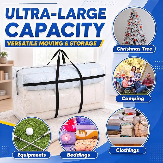 Windyun 4 Pack 98 Gallon Extra Large Moving Bags XXL Heavy Duty Storage Bag with Strong Zipper Handle Jumbo Big Tote Box Foldable for College Dorm Travel Clothes Duffle Blanket Pillow(Transparent)