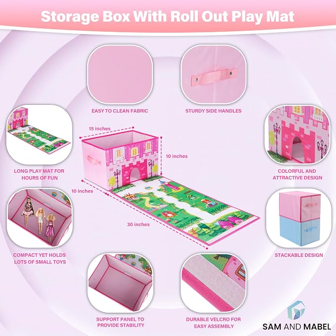 SAM AND MABEL Fabric Storage Organizer and Play Mat – Collapsible Storage Box, Foldable Playmat and Stackable Bin, Basket with Handle (Princess)