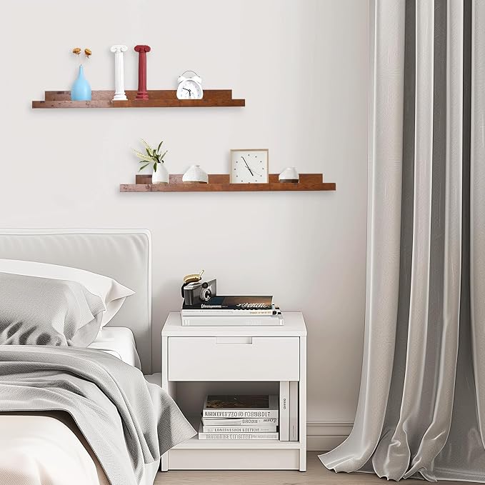 Muzilife 35.4" Large Floating Shelves Wood Wall Shelf with Lip, 2Pcs, Brown | FSC-Certified Wood | 20 lbs Capacity | Space-Saving | Hanging Shelf | Wall Decor| Bedroom,Living Room,Bathroom,Kitchen,Office