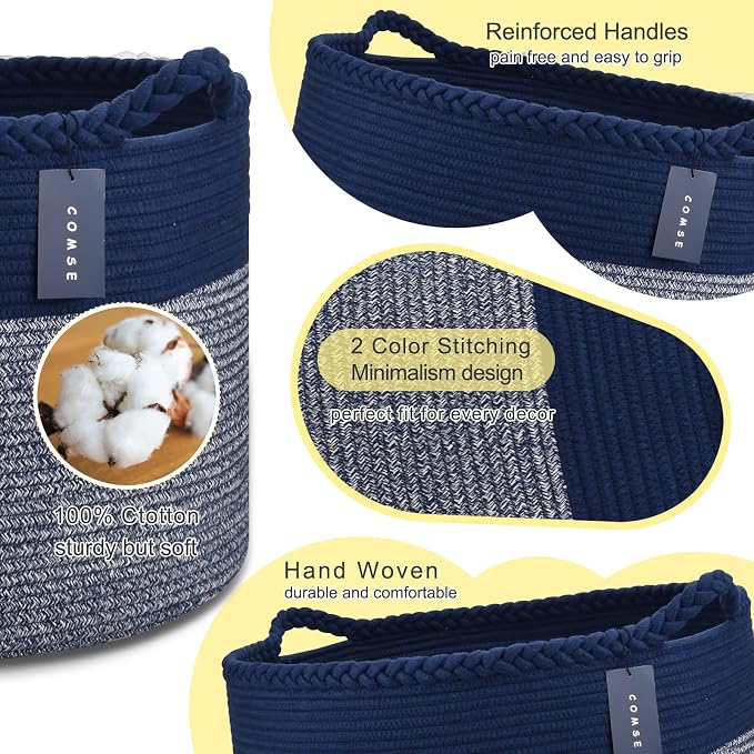 COMSE Extra Large Blanket Basket, Woven Laundry Basket, 21.7”x 13.8”, Nursery Hamper, Cotton Rope Laundry Hamper Living Room for Storage Toys Clothes Towels (Navy Blue)