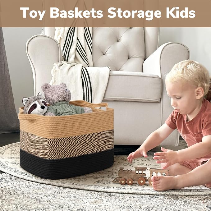 Goodpick Large Woven Basket 18" x 14" x 12" Cotton Rope Storage Baskets for Organizing, Rectangle Wicker Laundry Basket with Handles, Toy Baskets for Kids, Black & Jute