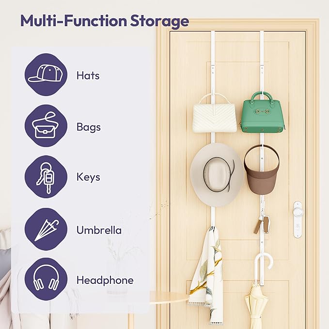 SWTYMIKI Over the Door Purse Organizer - 2 Packs Wall Mounted Purse Rack with 8 Hooks Design, Hanging Handbag Organizer Storage Holds up to 16 Bags, Bag Rack for Closet, Door (White)