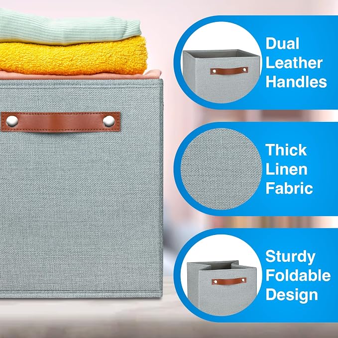 11 Inch Cube Storage Bin - 6 Pack - Linen Fabric 11x11 Cube Storage Bins for Bedroom, Living Room, Clothes and Toys; Foldable, Dual Leather Handles