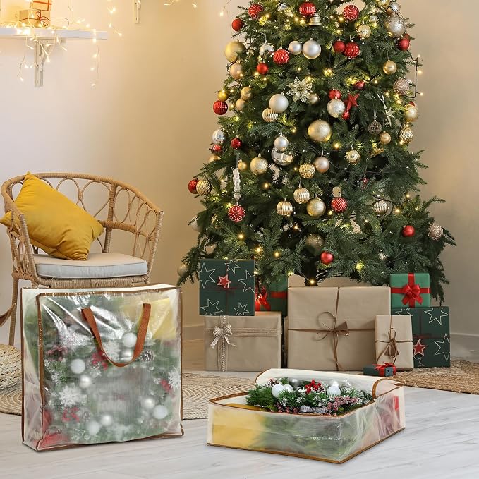 8 Pcs Clear Wreath Storage Bags 26 Inch Garland Container Door Garland Holiday Wreath Storage Holder with Handle and Zipper Heavy Duty Plastic Packing Totes(Camel)