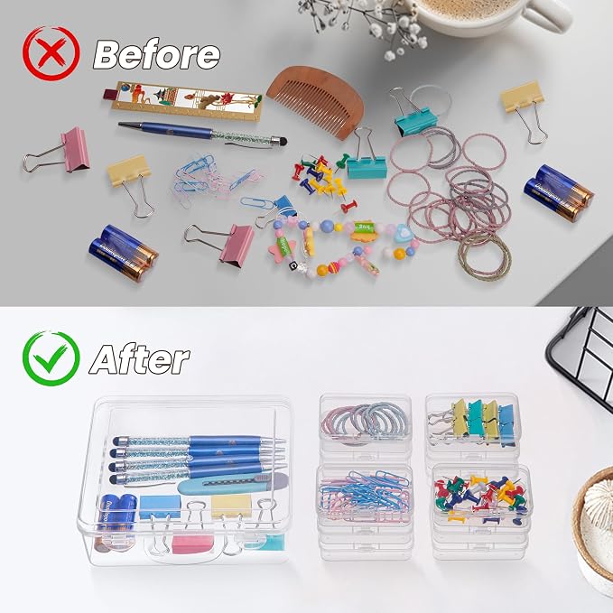 zoeynex Small Bead Organizers and Storage, 12 Clear Plastic Boxes with Hinged Lids, for Beads, Jewelry Making, Crafts, Hardware, Fishing Tackle, Small Parts (32 Labels)