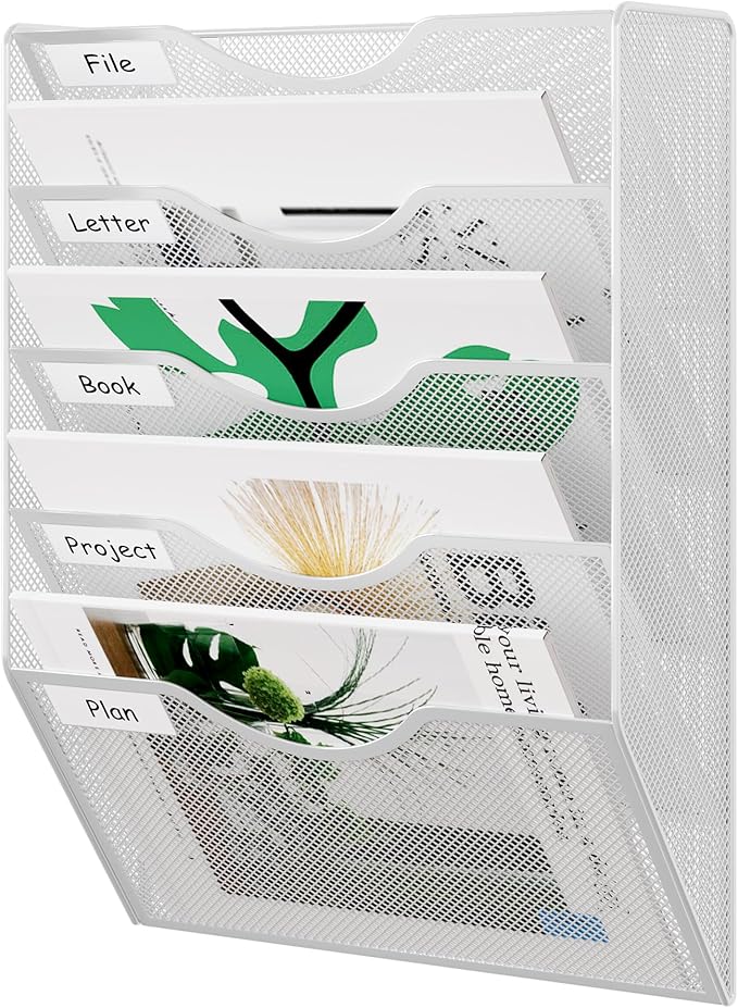 EasyPAG Wall File Organizer 5 Tier Hanging Paper Folder Holder, Zero Assembly Metal Mesh Wall Mounted Mail Organizer for Office Home Classroom Narrow Spaces, White