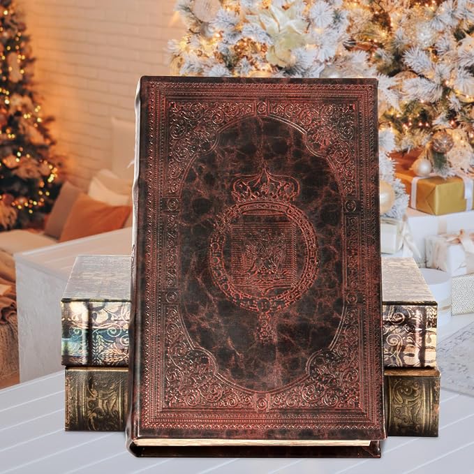 Decorative Vintage Style Faux Leather Embossing Book Storage Box, Hollow Wood, 3-01, Brown - Birthday/Graduation Gift, Hidden Surprise