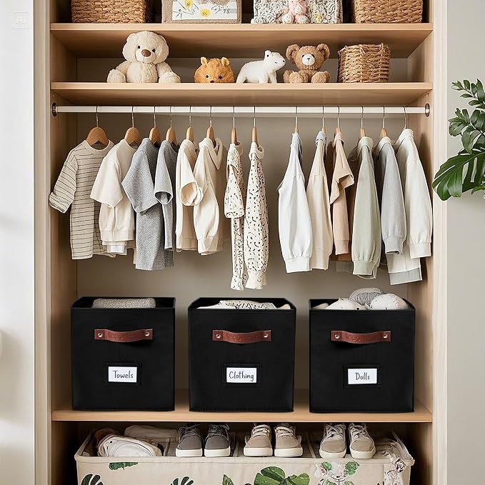 DECOMOMO Storage Bins, Cube Storage Bin with Labels | 13" x 13" x 13" Fabric Storage Cubes for Shelves (6pcs, Black)