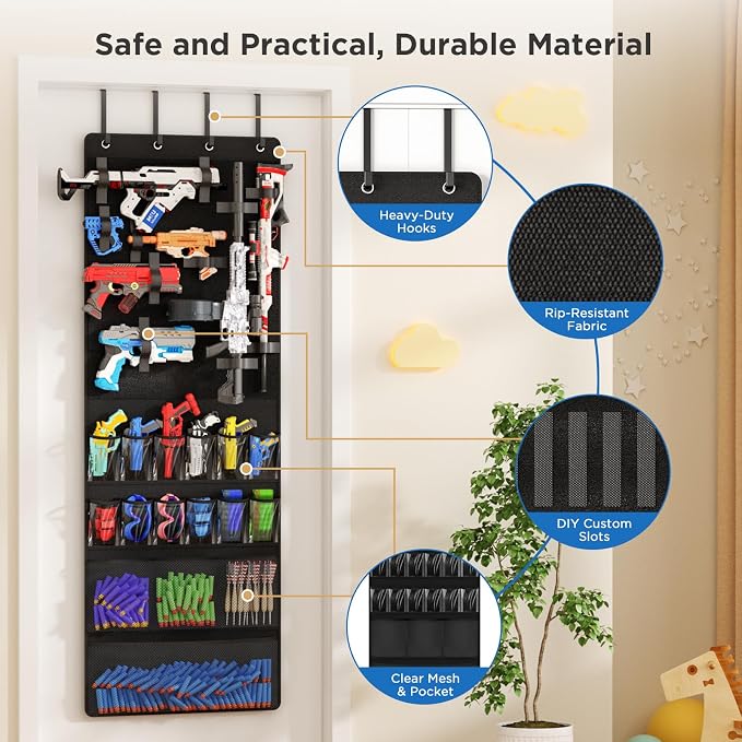 Over the Door Organizer for Toy Guns, Toys Storage Door Hanger with Pockets and Slots for Kids Foam Blasters, Darts, Goggles, Over Door Toy Guns Storage Organizer, for Kids Rooms, Game Rooms, Black