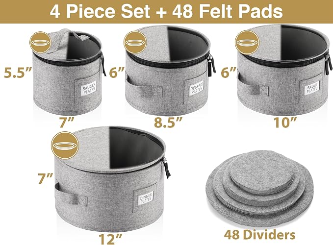 Stack Store Plus More Set of 4 China Storage Cases for Dinnerware - Hard Shell and Stackable - Sizes: 12" - 10" - 8.5" and 7" W - 48 Plate Separators Included