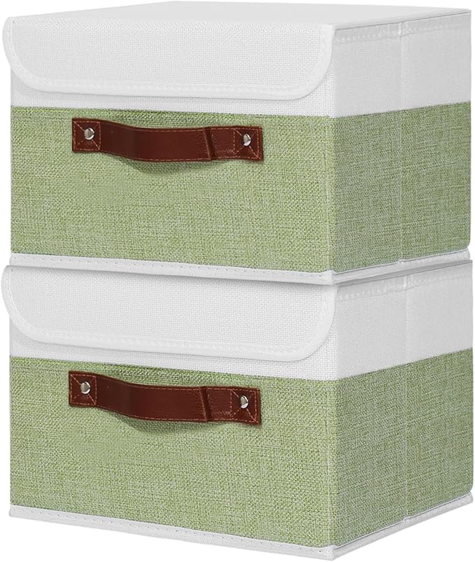 ANMINY 2PCS Storage Boxes with Lids Washable Decorative Storage Bins Basket with PU Leather Handle Foldable Linen Fabric Storage Cubes Containers for Home Closet Organizer - Green White, Medium