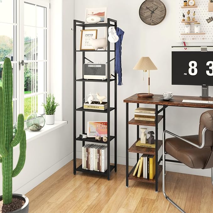 YMYNY Bookshelf, 6-Tier Ladder Shelf Organizer, Narrow Shelving Unit, Corner Storage Racks, Large Capacity Bookcase, for Home Office Living Room Balcony Bathroom, Metal Frame,HBC001B