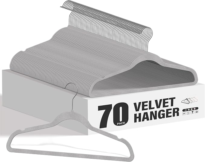 HealSmart Velvet Hangers 70 Pack, Space Saving Clothes Hangers for Closet, Non-Slip Heavy Duty Coat Hangers for Pants, Shirt, Sweater, Suit & Dress Clothing with 360° Swivel Hook, Grey