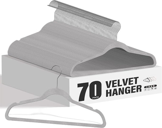 HealSmart Velvet Hangers 70 Pack, Space Saving Clothes Hangers for Closet, Non-Slip Heavy Duty Coat Hangers for Pants, Shirt, Sweater, Suit & Dress Clothing with 360° Swivel Hook, Grey