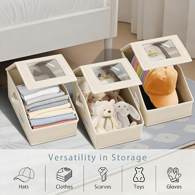 Hat Storage for Baseball Caps - 3 Pack Stackable Hat Organizer Boxes with Clear Window, Breathable Hat Storage for Closet, Space-Saving Fits 45 Caps, Flip-Top Access for Women/Men (Beige)
